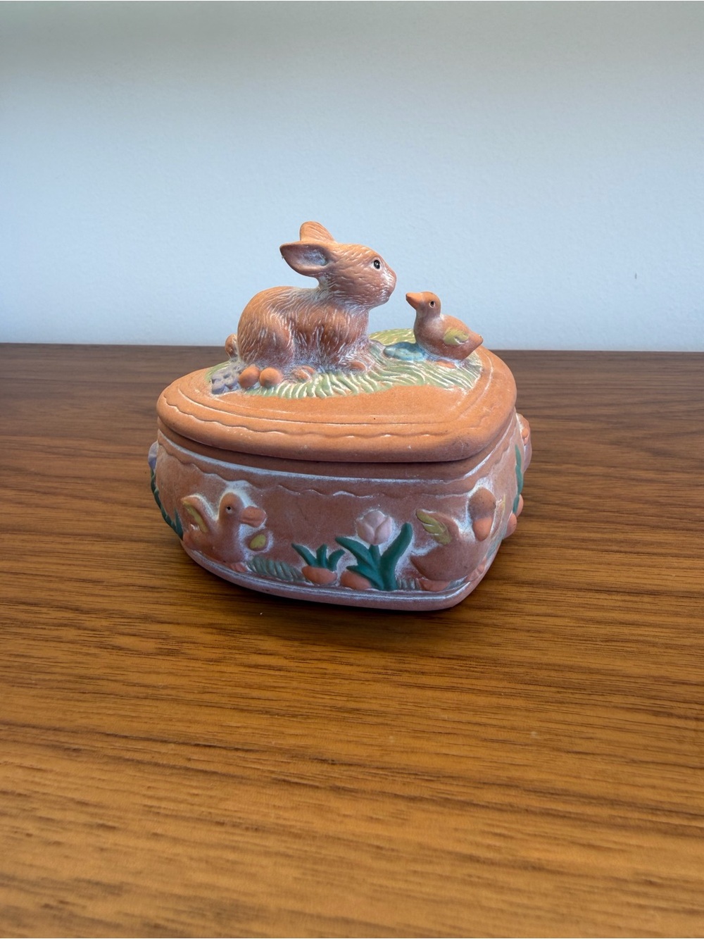 Vintage heart-Shaped Trinket Box Pink Bunny Rabbit & Duck Decorative Box 4 in